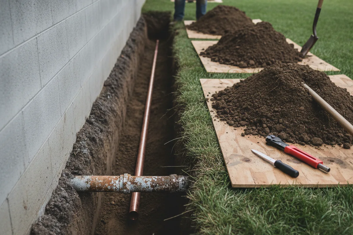 Excavated water line trench during Water Softener Installation in Meriden